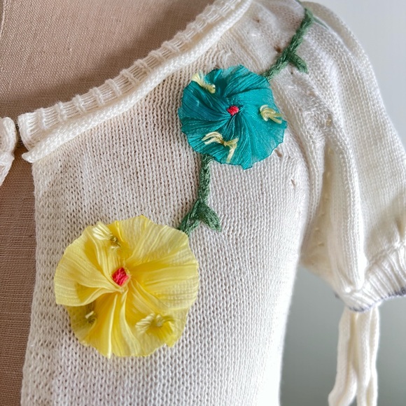 Knit cardigan sweater white floral S - Picture 3 of 4